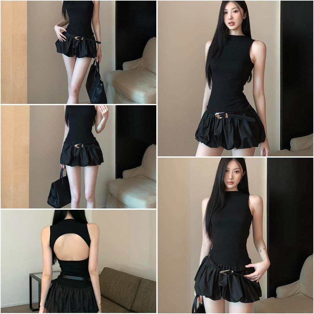 辣妹修身无袖背心黑色A字连衣裙女夏季短款设计感露背花苞蓬蓬裙