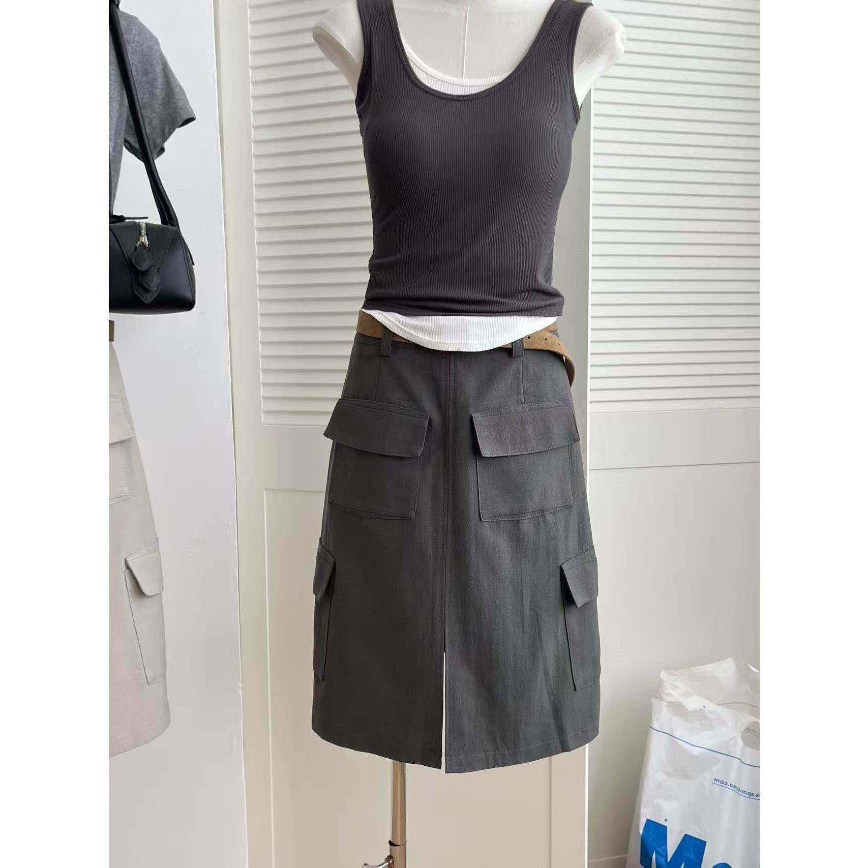 韩系多口袋前开叉工装半身裙女夏季显瘦辣妹高腰裙直筒a字短裙子