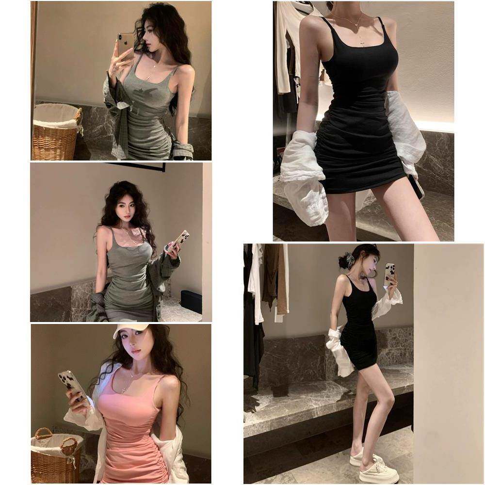 2026新款绝美黑色大码吊带裙女夏外穿性感带胸垫遮肚子显瘦短裙子