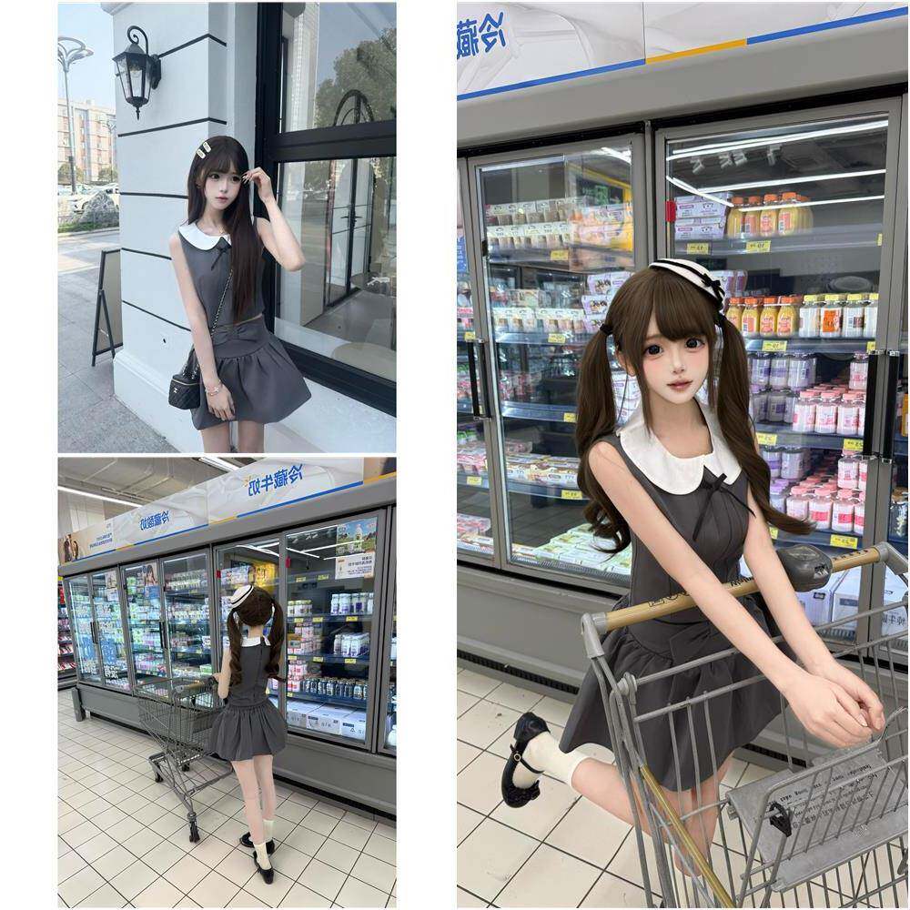 进钱钱口袋里【少女心事】蝴蝶结娃娃领无袖上衣+褶皱短裙套装女