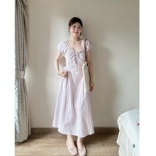 浅紫色U领正肩连衣裙夏季大码胖mm收腰茶歇法式多巴胺公主裙长裙