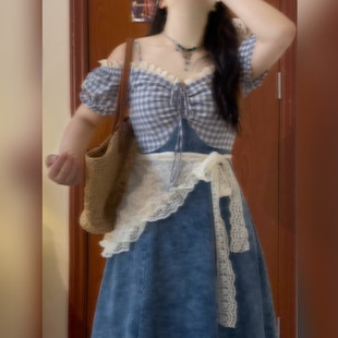 牛仔拼接格纹连衣裙女夏季 微胖mm系带显瘦收腰长裙子 2025新款 大码