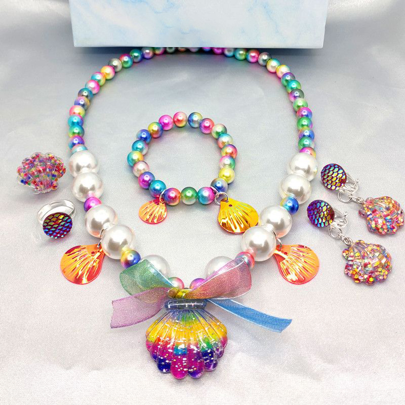 儿童项链手链耳夹首饰蝴蝶结发夹套装珍珠贝壳人鱼公主小学生礼品