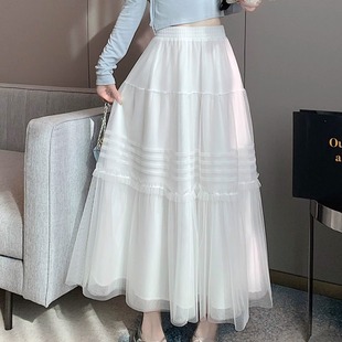 秋冬复古显瘦白色网纱半身裙小个子高腰a字蓬蓬蛋糕中长裙子