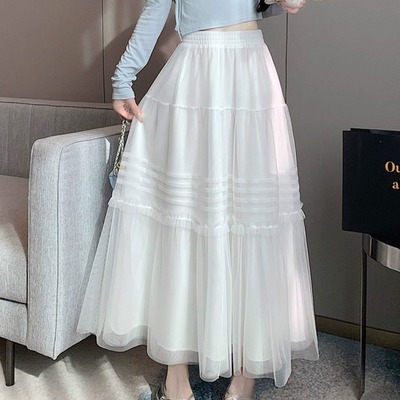 秋冬复古显瘦白色网纱半身裙小个子高腰a字蓬蓬蛋糕中长裙子