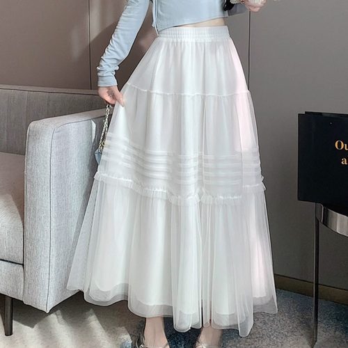 秋冬复古显瘦白色网纱半身裙小个子高腰a字蓬蓬蛋糕中长裙子