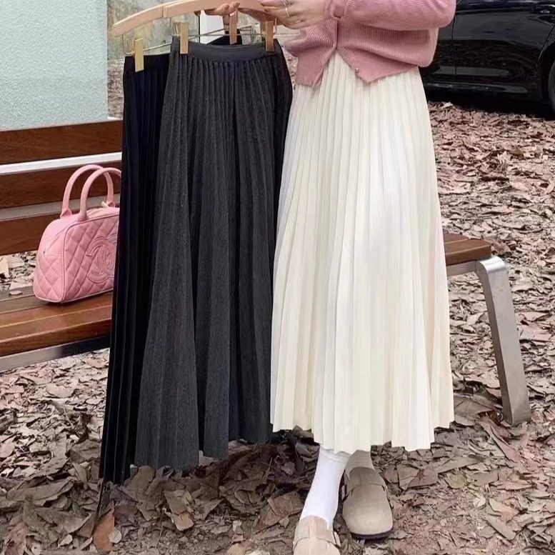 秋冬加厚毛呢百褶半身裙显瘦大裙摆学院风高腰显瘦中长款A字裙