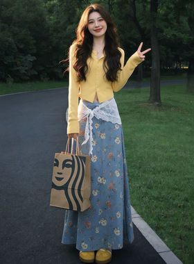 韩系巨好看穿搭一整套装女2026早春漂亮长裙黄色针织碎花半身裙子