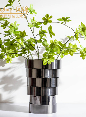 轻奢金属皮革花瓶样板房现代客厅酒店花器层叠交错软装摆件