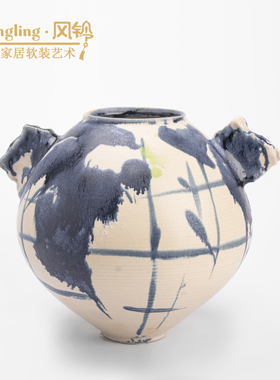 创意手绘水墨花纹艺术陶瓷花瓶摆件酒店样板间客厅花器摆设