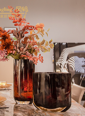 现代轻奢手工玻璃扁平花瓶样板间水培鲜花器家居装饰品摆件