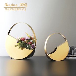 现代轻奢不锈钢装饰品花器摆件样板房摆场婚庆花篮插花器几何花瓶
