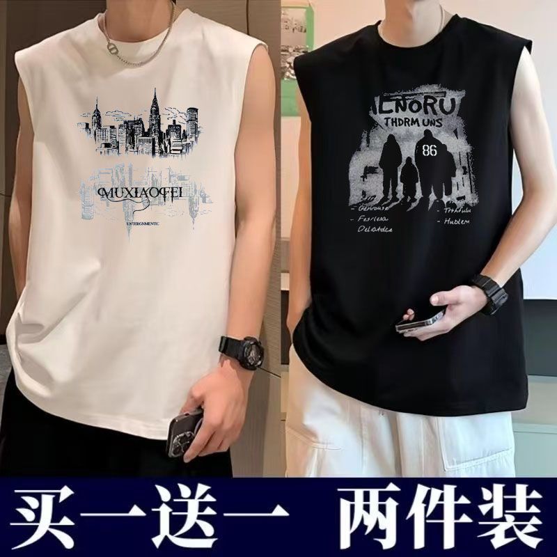 潮牌休闲背心男士夏季坎肩打底汗衫宽松男女运动健身无袖t恤1/2件