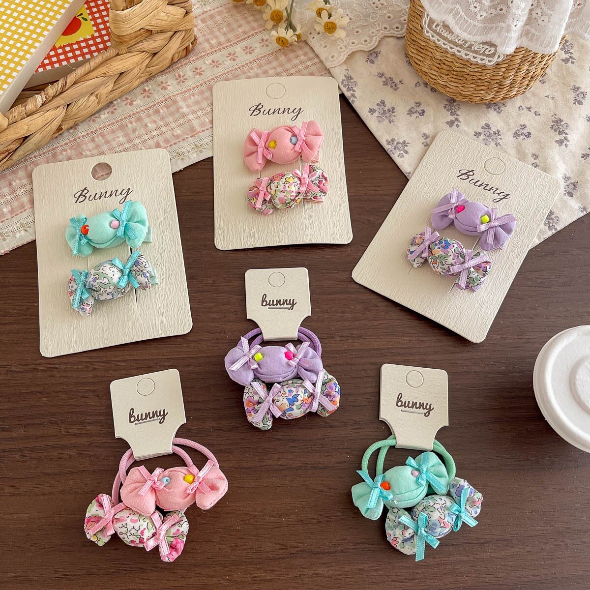 新款碎花串珠糖果儿童发夹可爱发圈充棉卡通女童刘海发卡发绳发饰