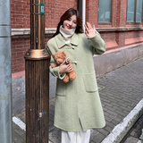 韩系chic绿色双面羊绒大衣女秋冬超火好看高级小众中长毛呢厚外套，女装毛呢外套，2D115