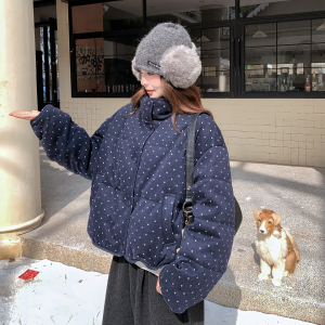 韩系藏青色波点羽绒服女冬季2025新款巨好看时尚洋气白鸭绒面包服图片