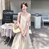 少女风米杏色无袖挂脖吊带连衣裙女夏季2025新款海边度假流行爆款，女装连衣裙，2D115