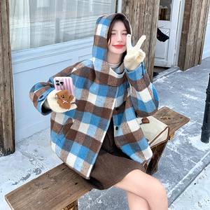 韩系格纹连帽毛呢外套女秋冬超火好看高级小众加厚短夹克斗篷上衣图片
