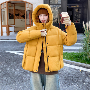 韩系chic黄色连帽短款羽绒服女冬超火好看高级小众加厚面包服外套图片