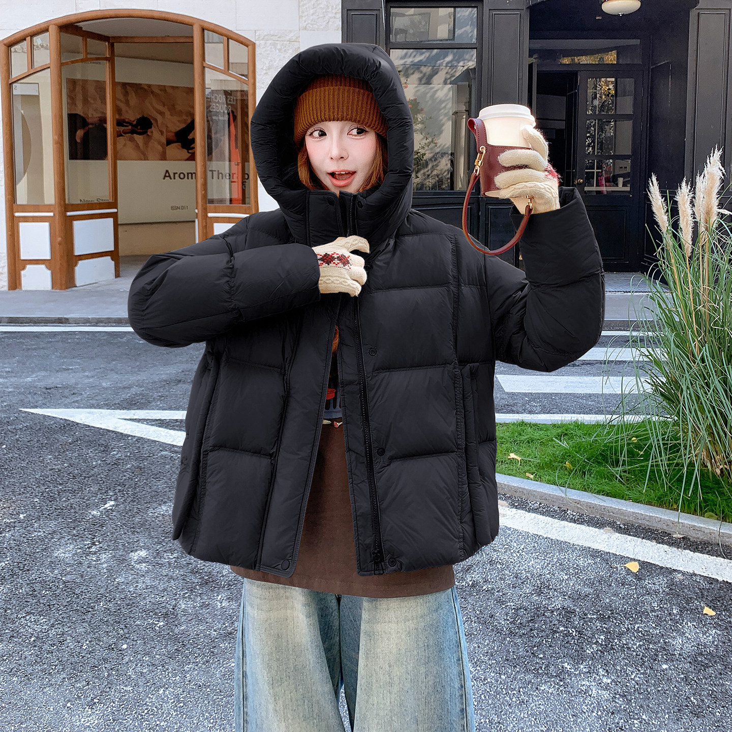 韩系chic黄色连帽短款羽绒服女冬超火好看高级小众加厚面包服外套,女装羽绒服,2D115