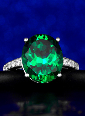 祖母绿戒指925纯银镶嵌克拉彩色宝石镀18K金女款椭圆珠宝指环