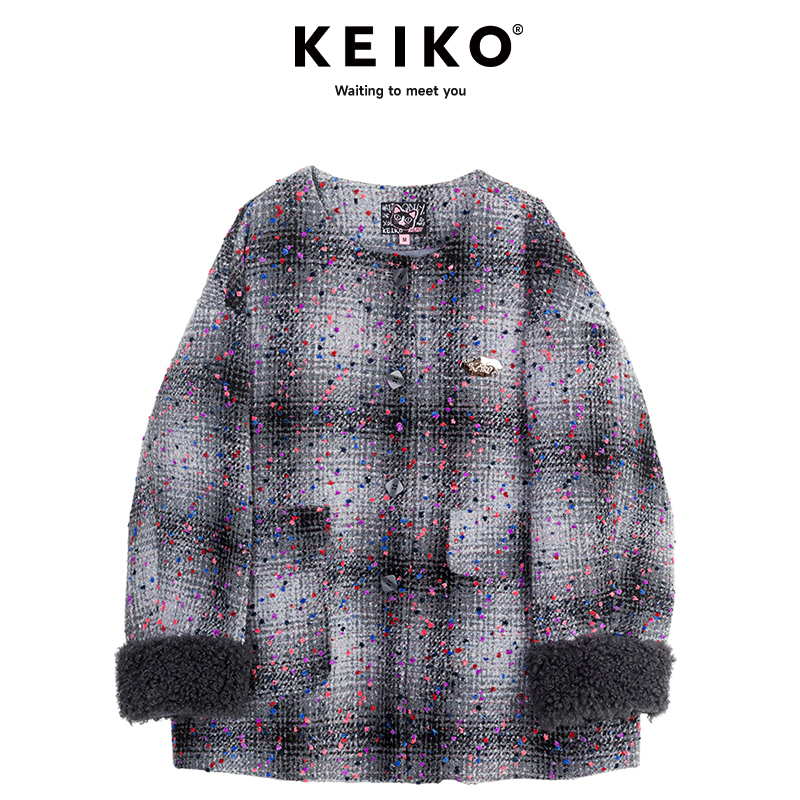KEIKO 格雷系彩点提花灰色羊毛呢大衣24秋冬复古羊毛混纺宽松外套