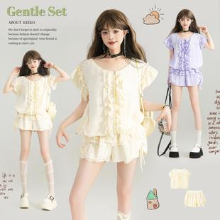 KEIKO 元气轻活风穿搭两件套装25夏季褶皱木耳边飞飞袖上衣+短裤