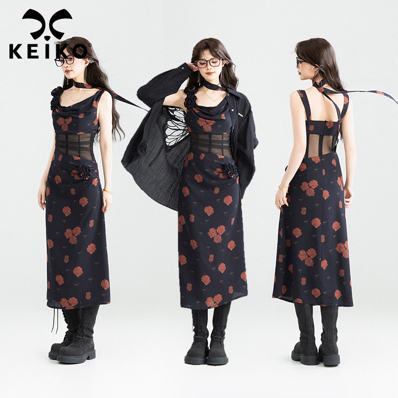 KEIKO [赠颈带]法式扎花荡领连衣裙25夏季性感露背碎花雪纺吊带裙