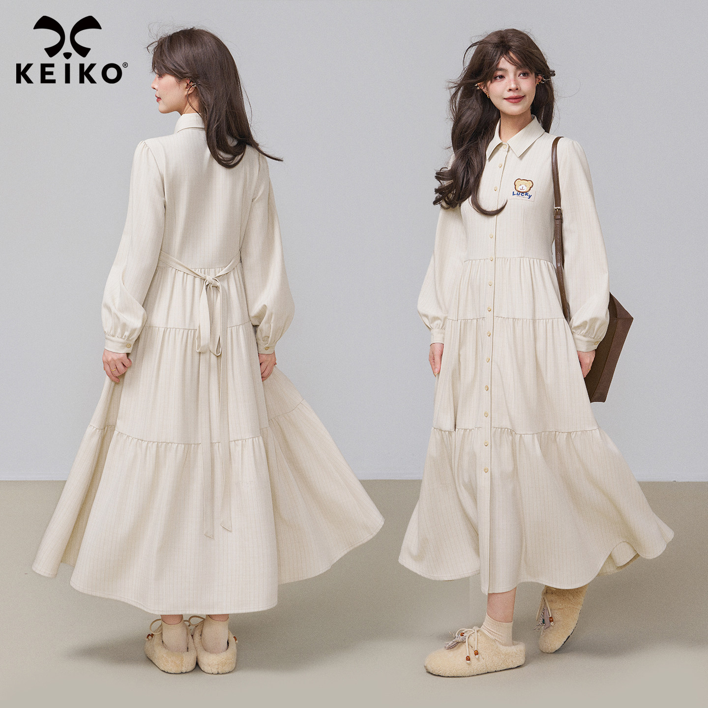 KEIKO [抗皱] 法式暗条纹衬衫连衣裙秋冬叠搭轻法风A字大摆长裙子