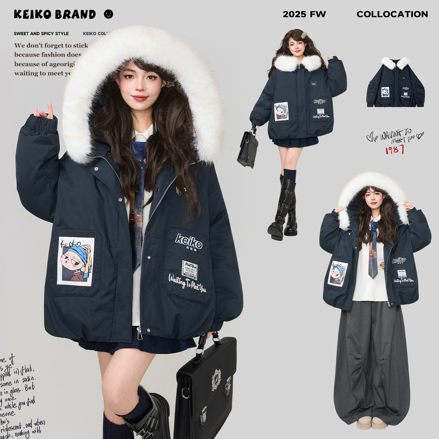 KEIKO 可拆大毛领连帽短款派克棉服25冬季学院风加厚工装外套棉袄