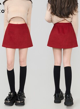 KEIKO 小香风红色毛呢半身裙25秋冬圣诞新年高腰A字显瘦包臀短裙