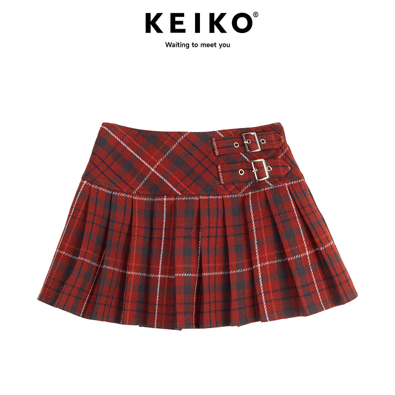 凯莉欧美式复古红色格纹百褶裙