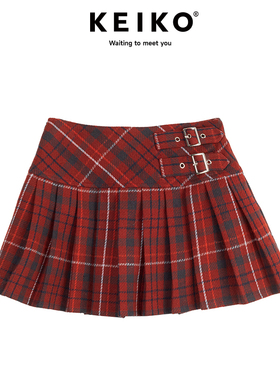 KEIKO 美式复古格子百褶半身裙女24新款辣妹高腰显瘦红色A字短裙