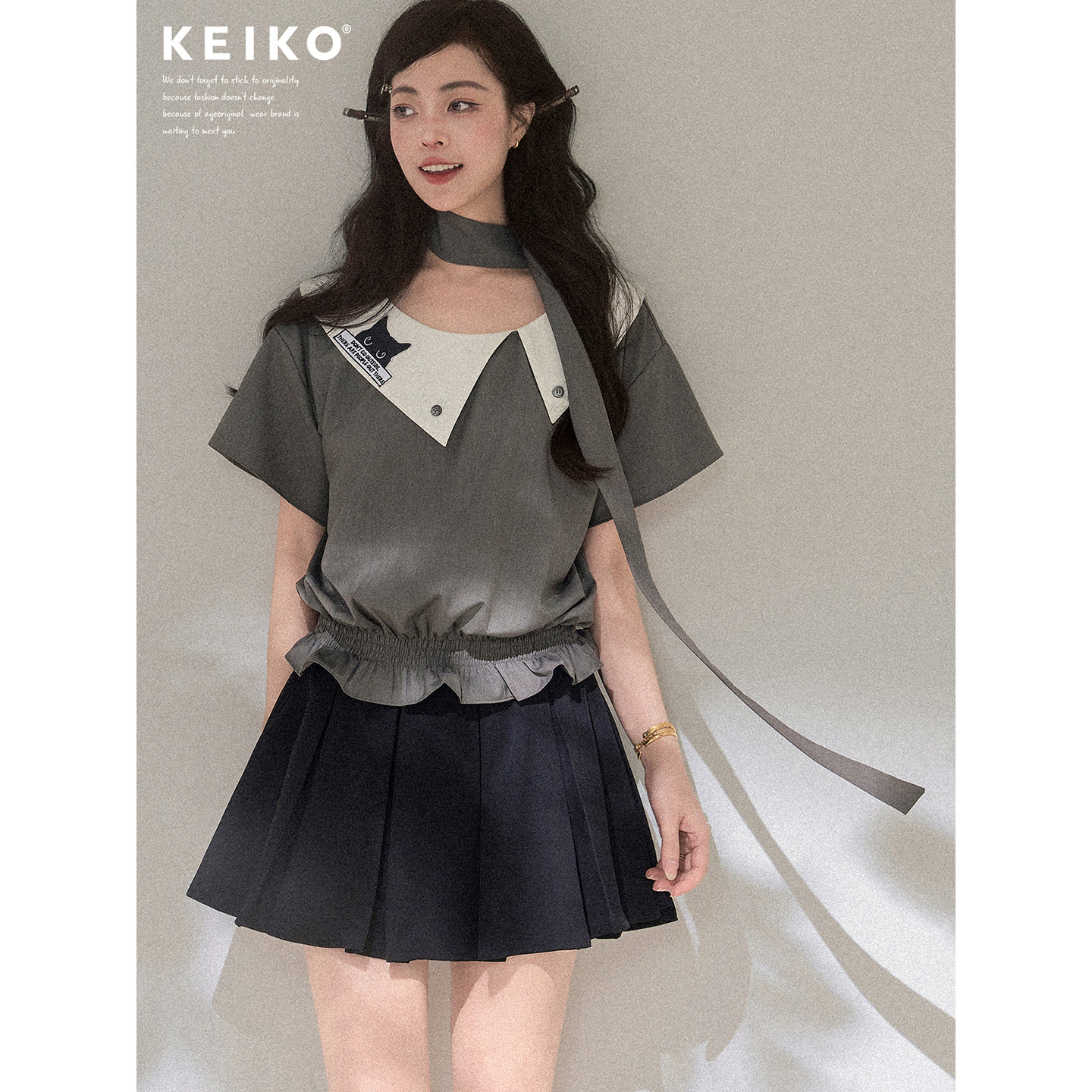 KEIKO 古早味花边收腰短袖衬衫女夏季智性法式灰色不对称翻领上衣