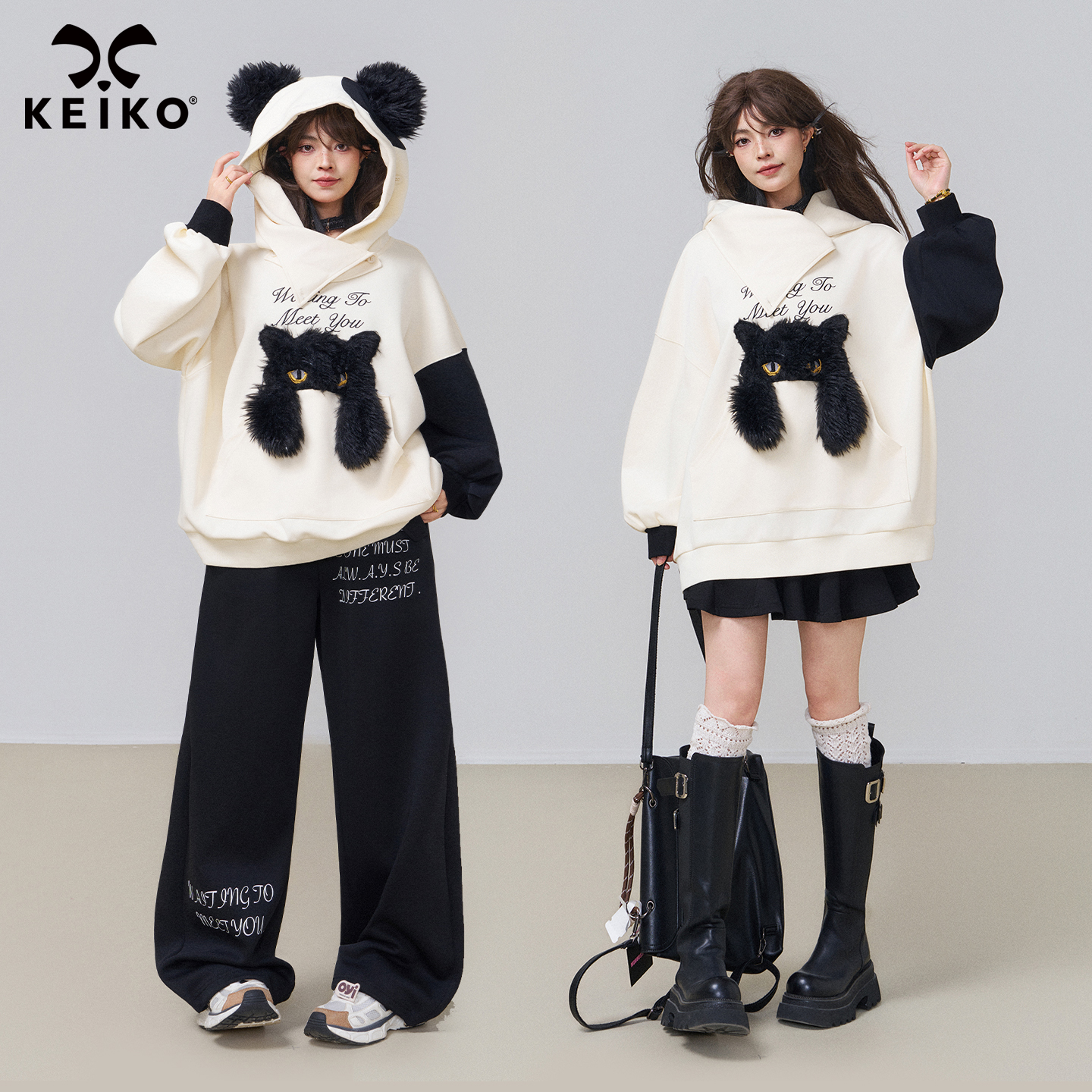 KEIKO 毛绒猫绣花连帽卫衣女25秋冬设计感慵懒风宽松拼色休闲外套