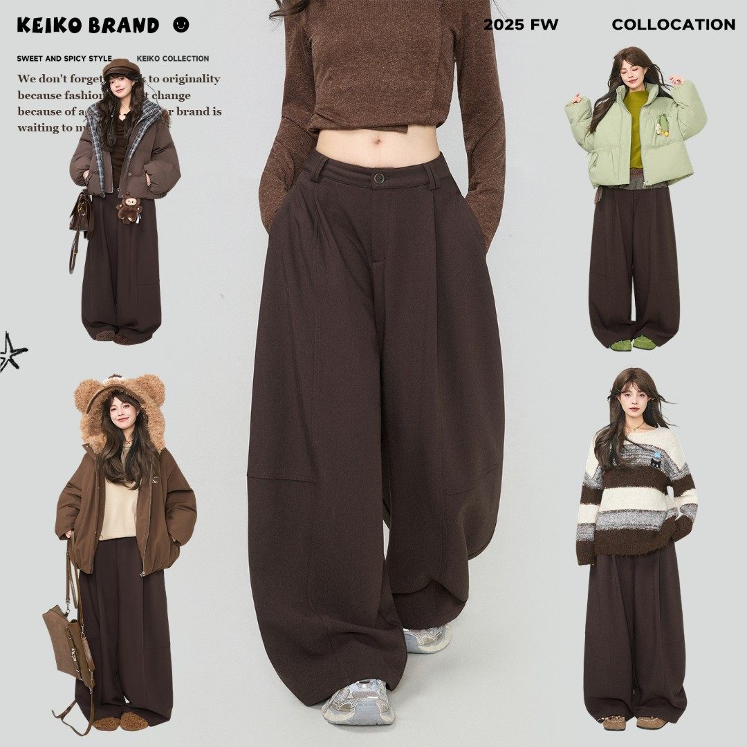 KEIKO 复古棕色加绒弯刀阔腿休闲裤秋冬美拉德高腰宽松西裤长裤,女装/女士精品,休闲裤,淘宝优惠券,粉丝福利购,淘宝优惠卷