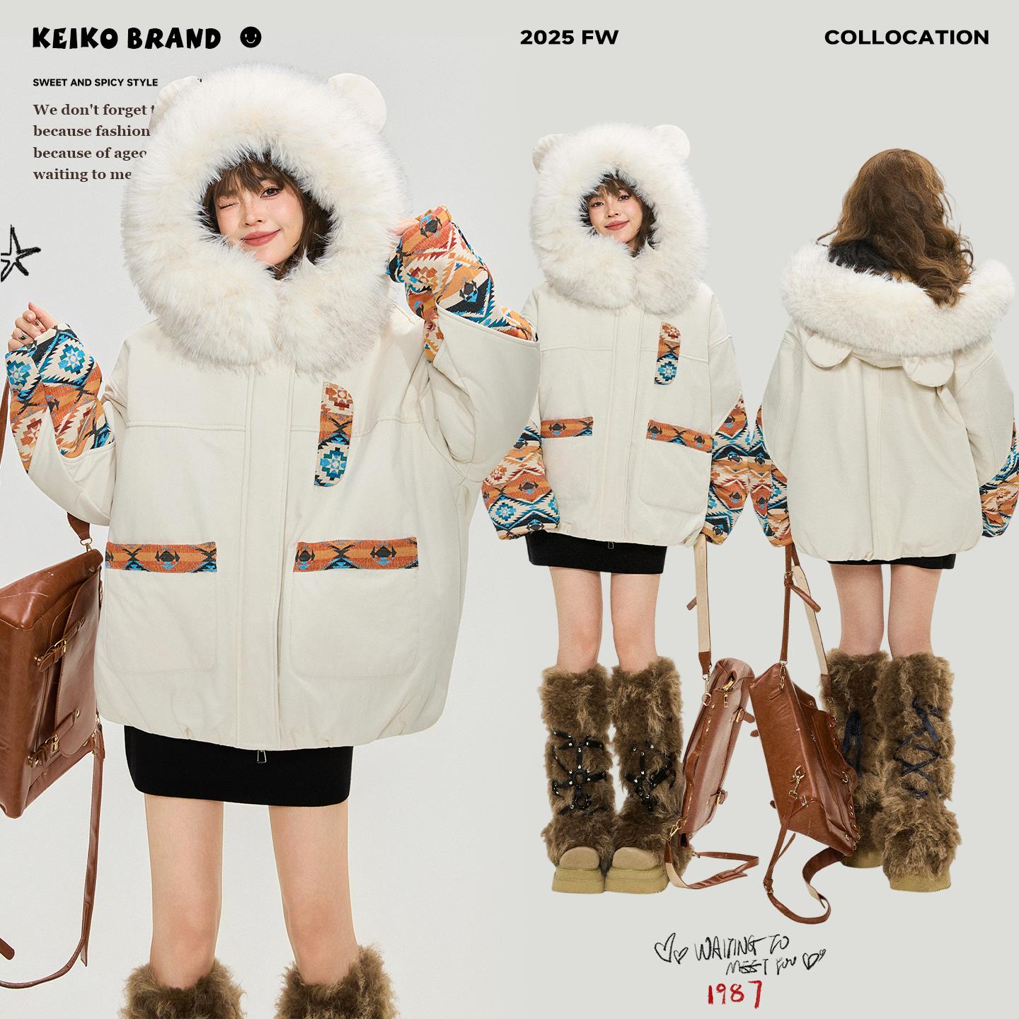 KEIKO [蓄热毛绒内里]复古回潮提花派克服冬季大毛领加厚棉服外套