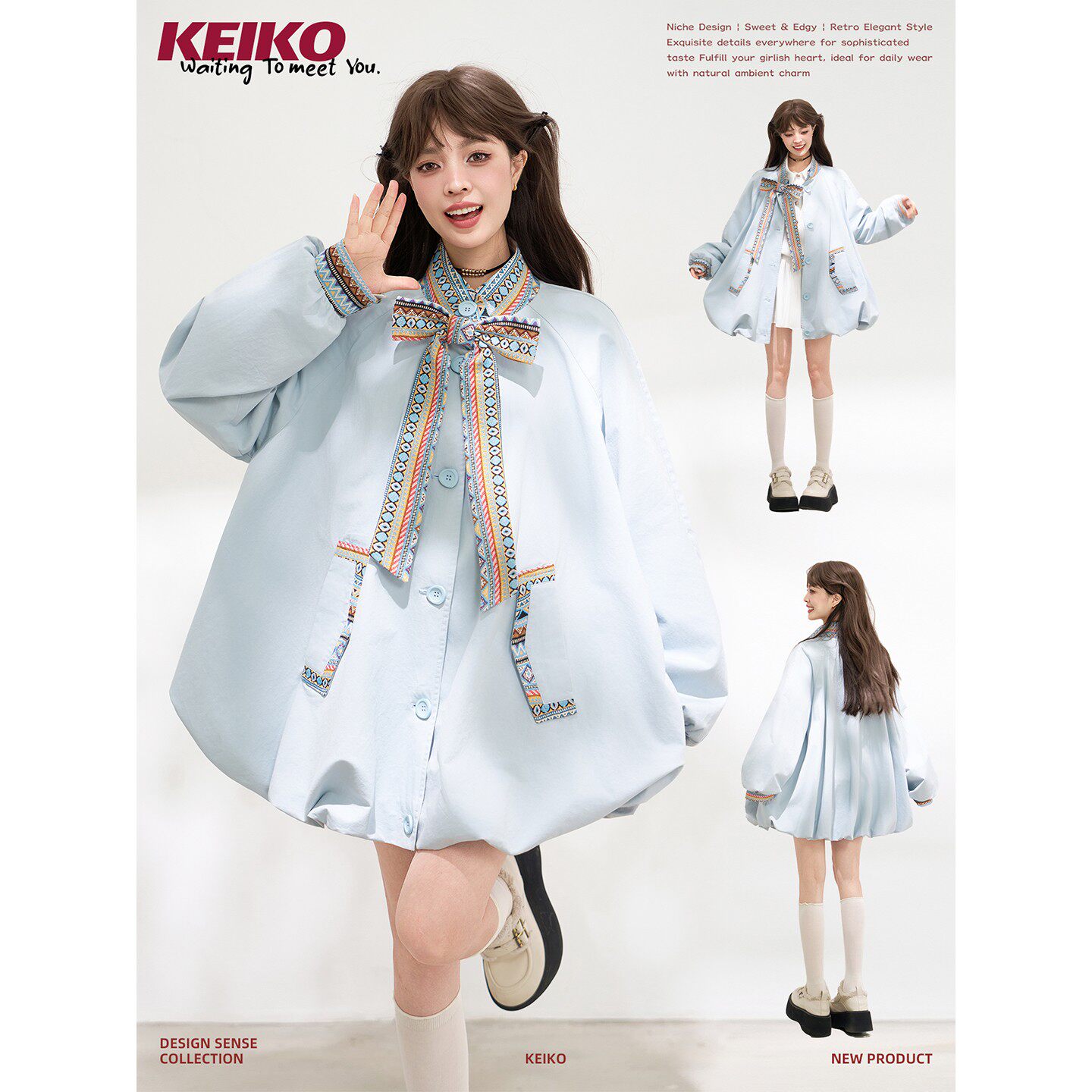 KEIKO费尔岛提花蝴蝶结短款风衣