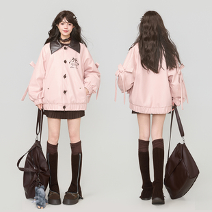 撞色翻领夹克外套 酷飒粉色蝴蝶结皮衣棉服女25冬季 KEIKO 夹棉
