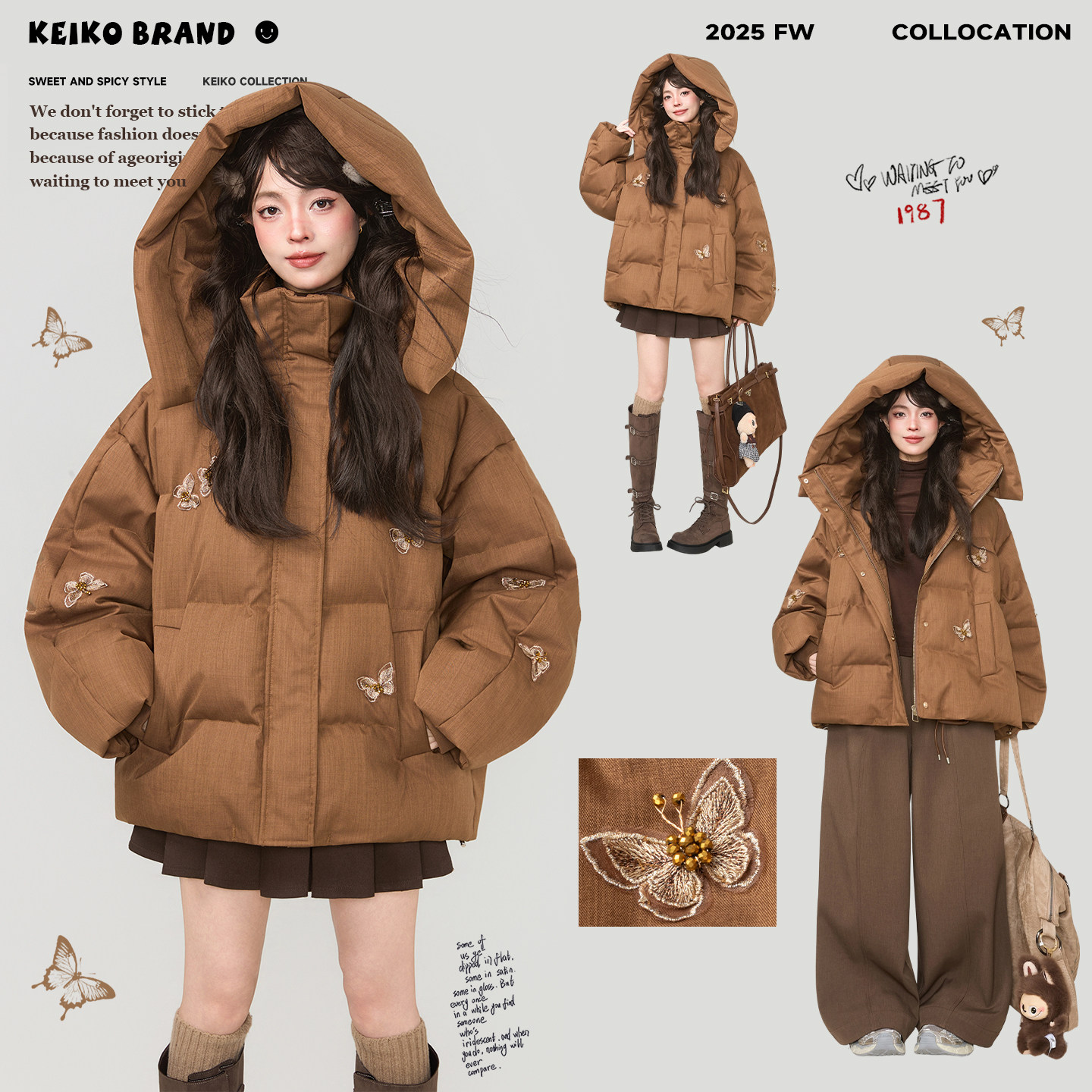 KEIKO 量感复古风蝴蝶绣连帽棉服外套冬季可脱卸帽加厚立领面包服