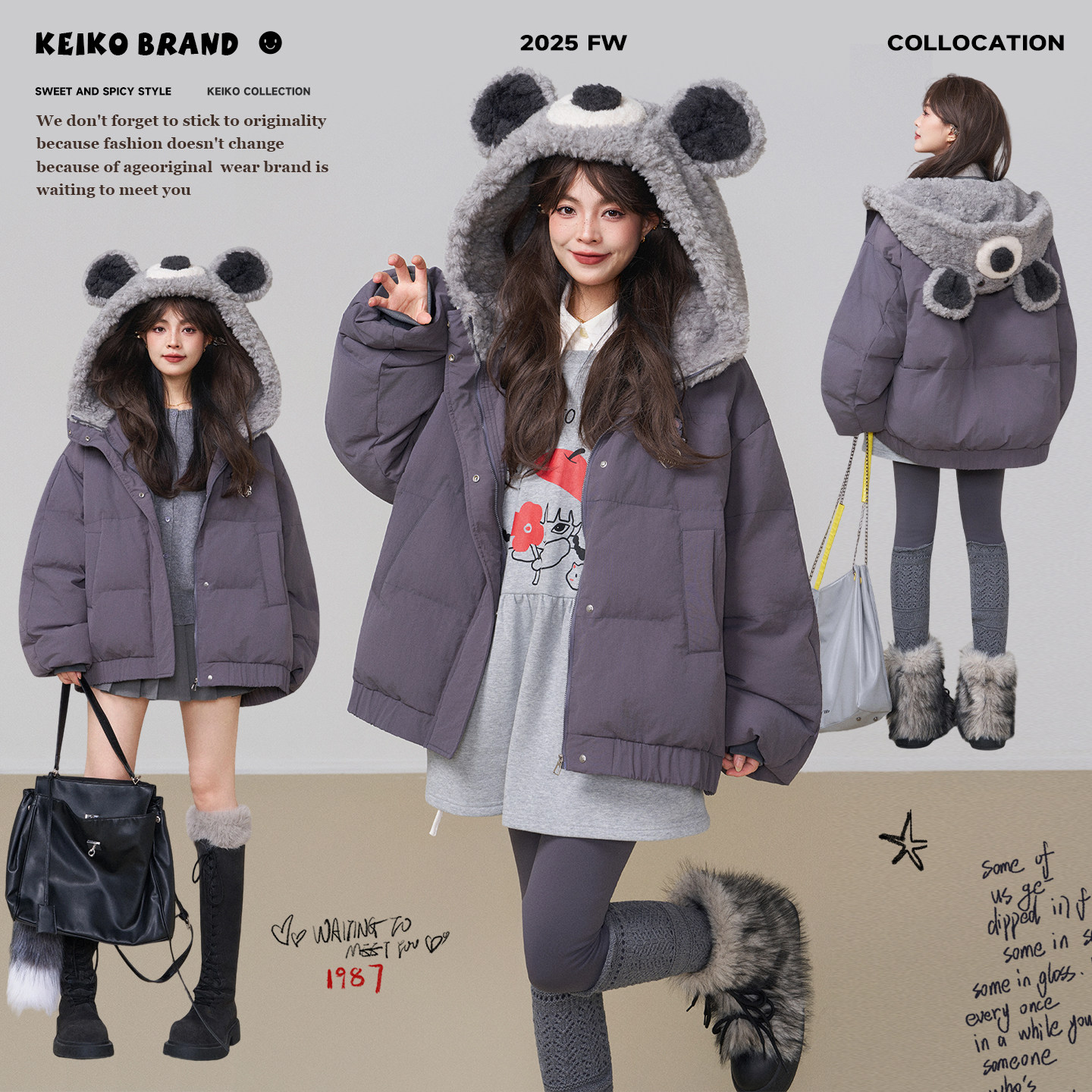 KEIKO 可爱毛熊连帽灰色棉服棉袄女冬季设计感加厚保暖短款面包服