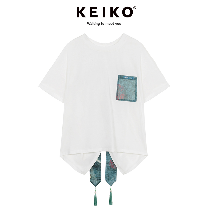 KEIKO 新中式蝴蝶结飘带饰白色t恤女24夏季小众别致宽松短袖上衣