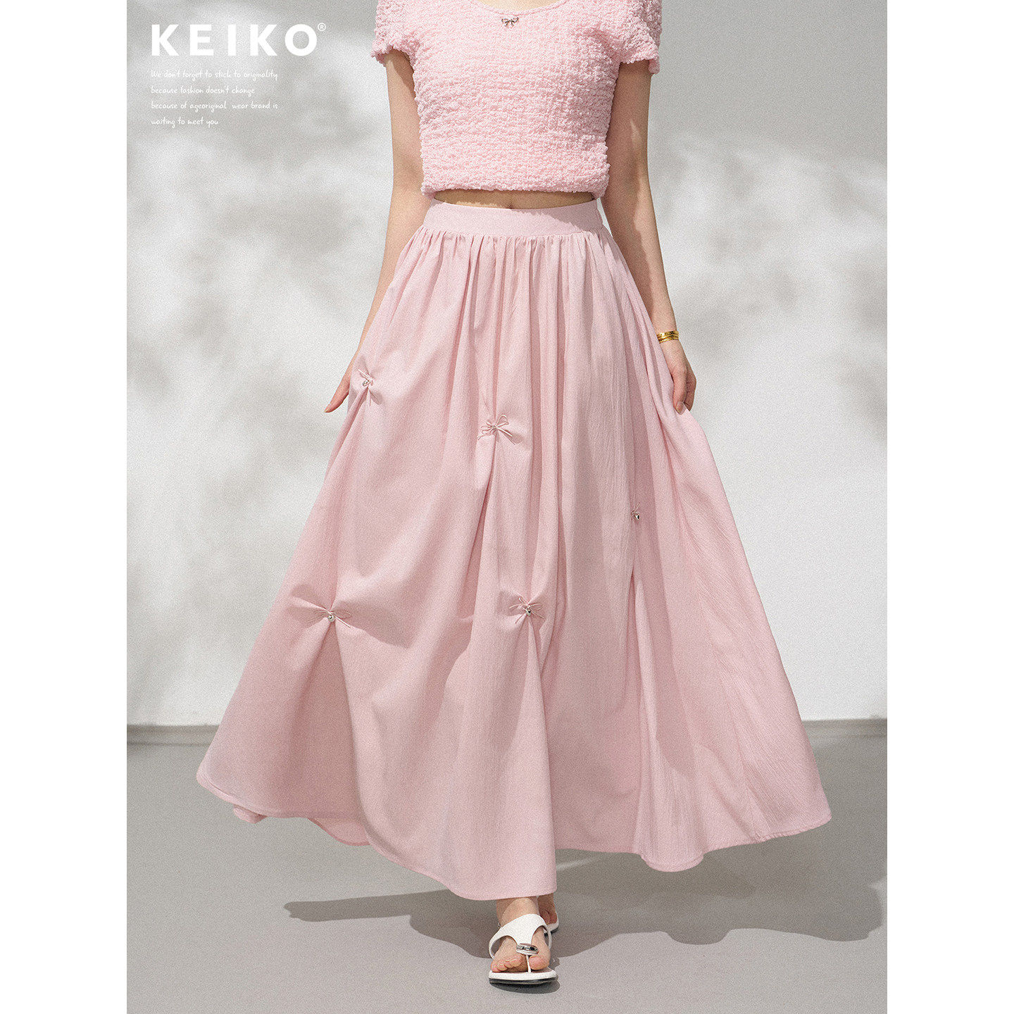 KEIKO粉色钉珠蝴蝶结半身