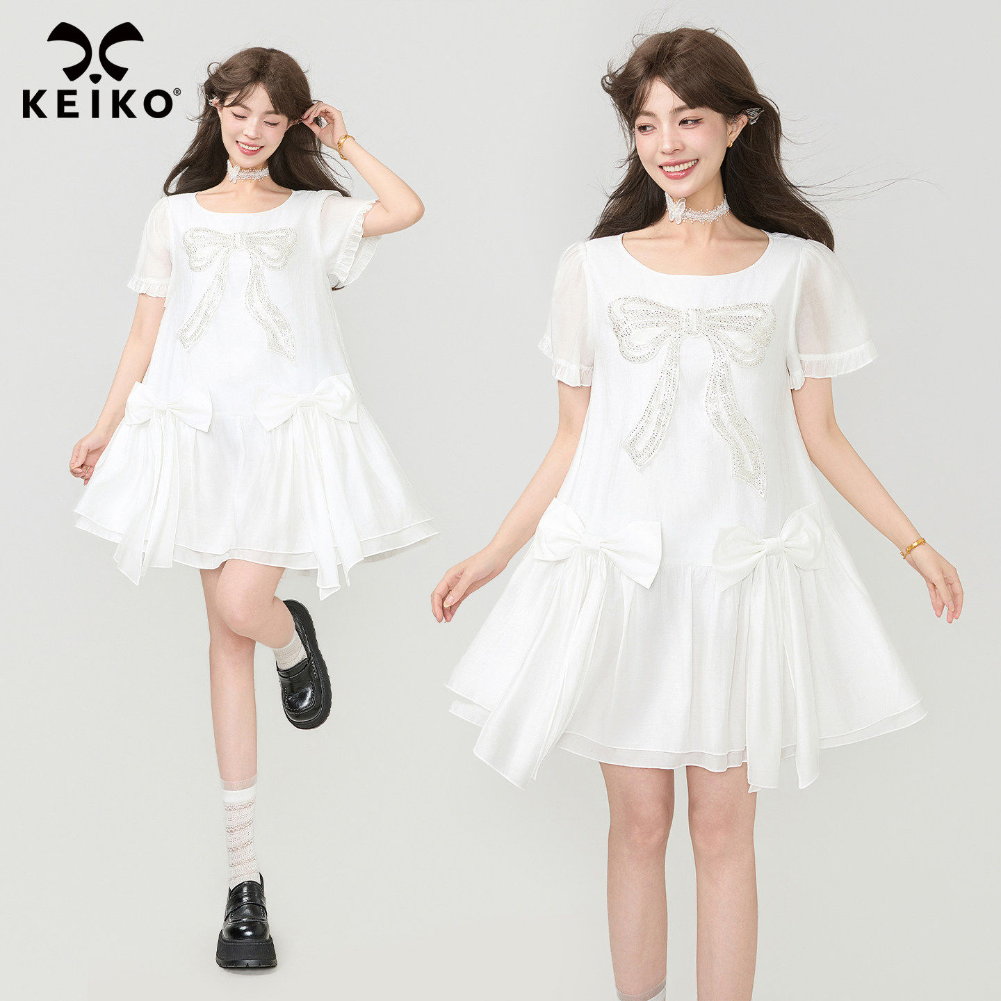 KEIKO [轻柔莱赛尔] 白色钉球蝴蝶结连衣裙夏季初恋氛围感仙女裙