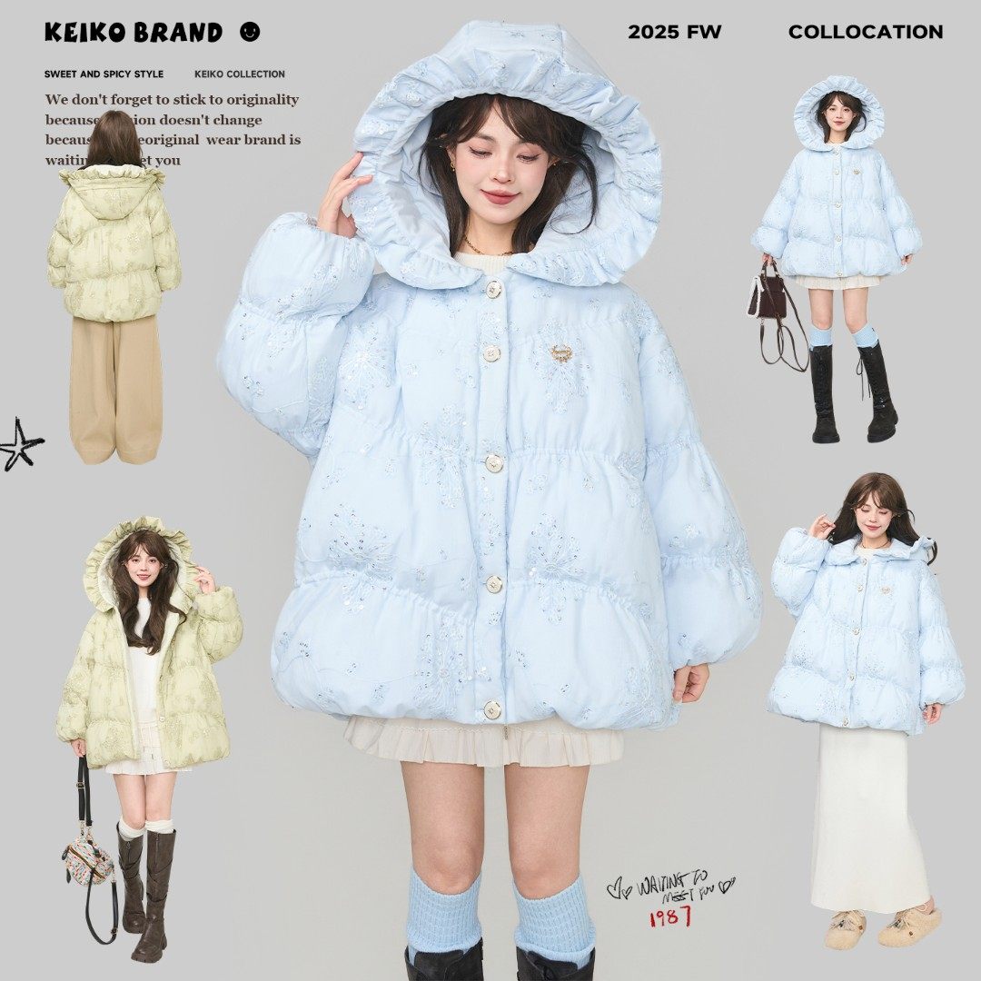 KEIKO [拼纱绣花]温柔感蓝色花形连帽棉服25冬季独特别致加厚棉袄,女装/女士精品,棉衣/棉服,淘宝优惠券,粉丝福利购,淘宝优惠卷
