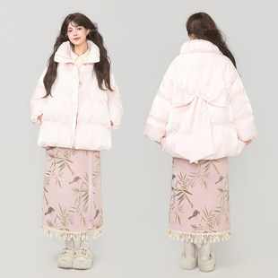 KEIKO 虹彩光泽缎面粉色泡芙棉服2025冬季流光少女蝴蝶结外套棉袄