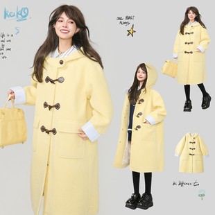 KEIKO 奶黄色牛角扣毛呢大衣女冬季法式学院风宽松中长款连帽外套