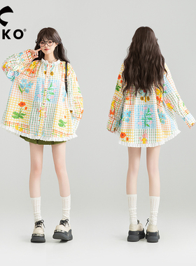 KEIKO 涂鸦印花格子长袖衬衫25夏日多巴胺穿搭蕾丝花边娃娃衫上衣