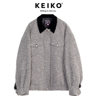 KEIKO 老钱风编织花呢外套女2024秋冬新撞色翻领宽松夹克两件套装