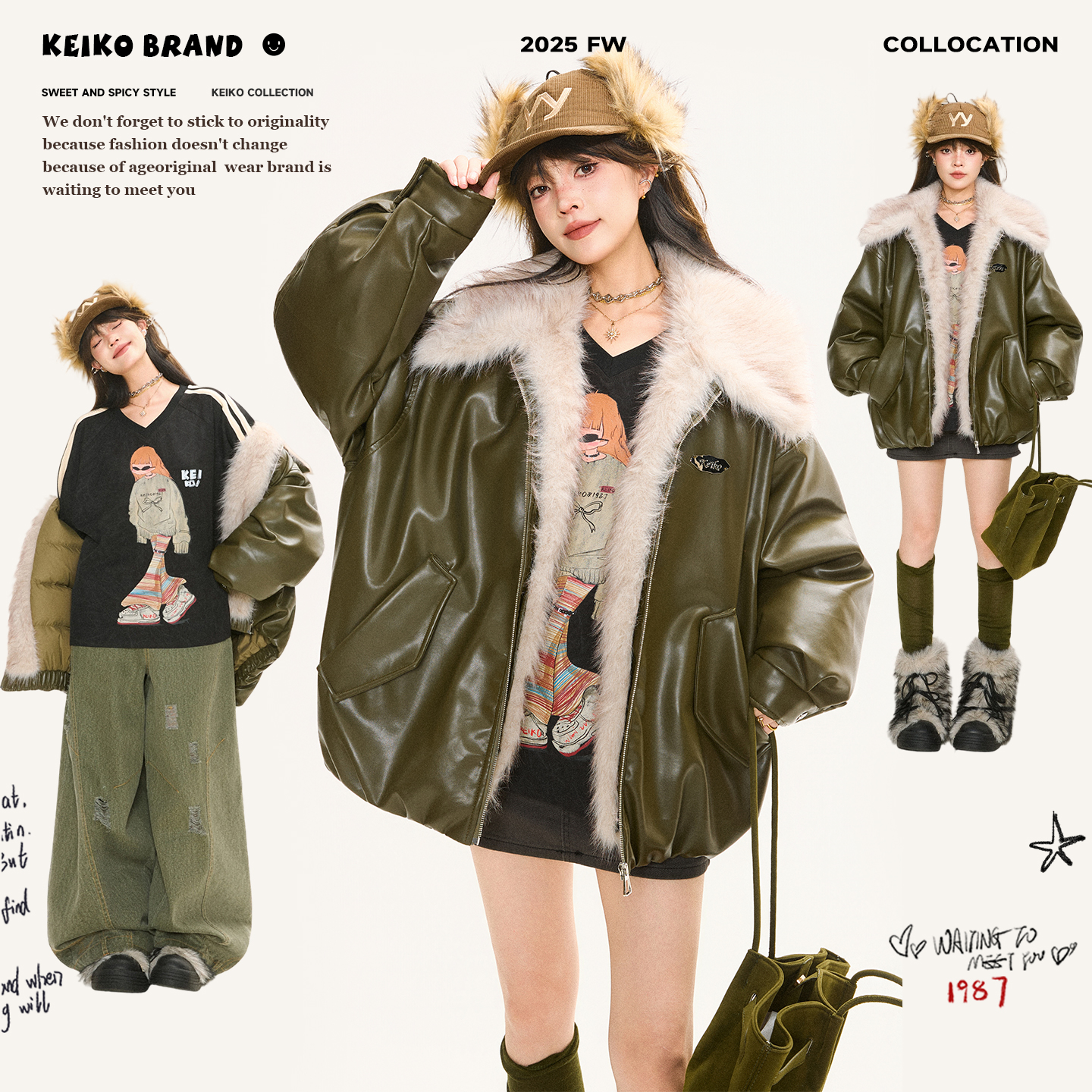 KEIKO 高级感雪松绿PU皮衣外套25冬季羊羔绒毛领白鸭绒羽绒服夹克